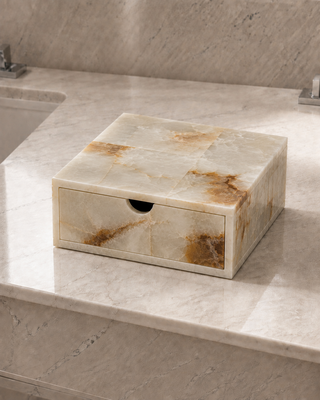White Onyx Amenity Organiser with Drawer, White Onyx Cladding · MDF Core natural stone product view