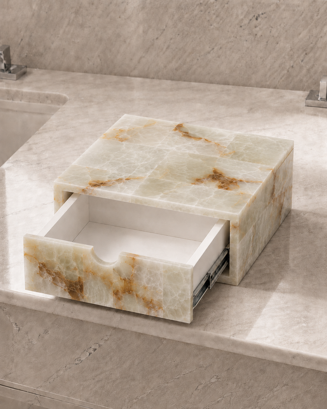 White Onyx Amenity Organiser with Drawer, natural stone veining and form detail